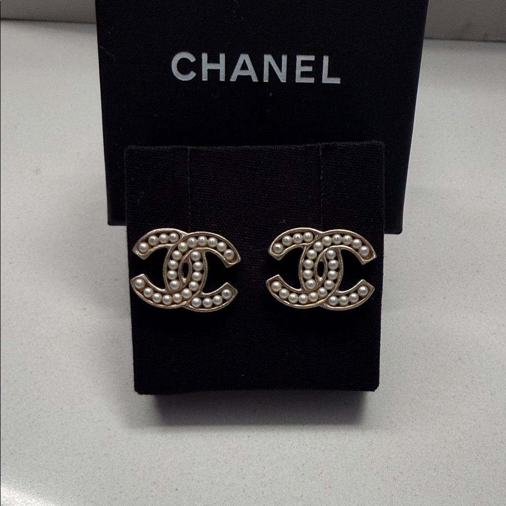 CHANEL Gold and Cream Pearl Logo Earrings